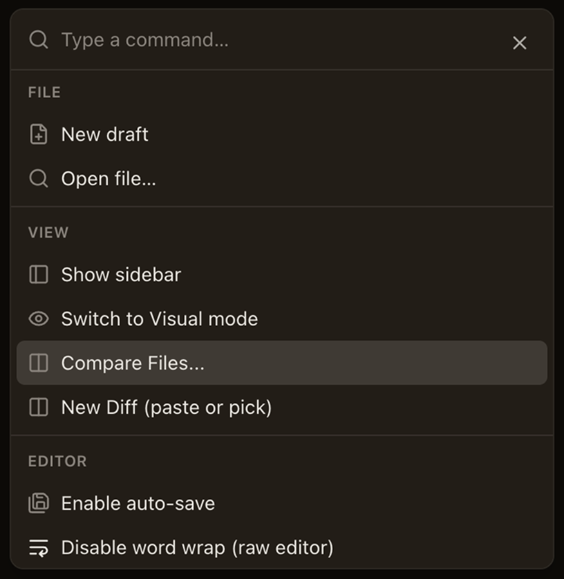 Smarkup command palette opened with Cmd+K showing file, view, and editor actions