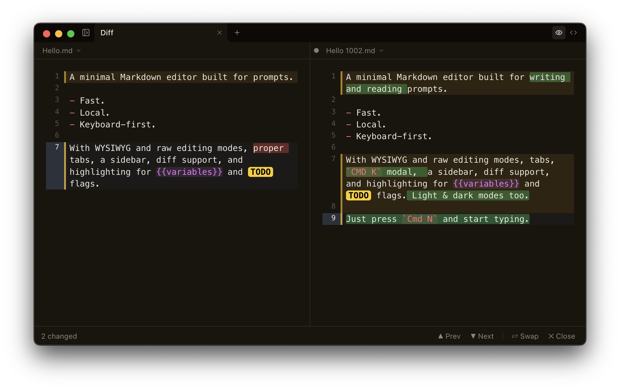 Smarkup diff view comparing two markdown files side by side