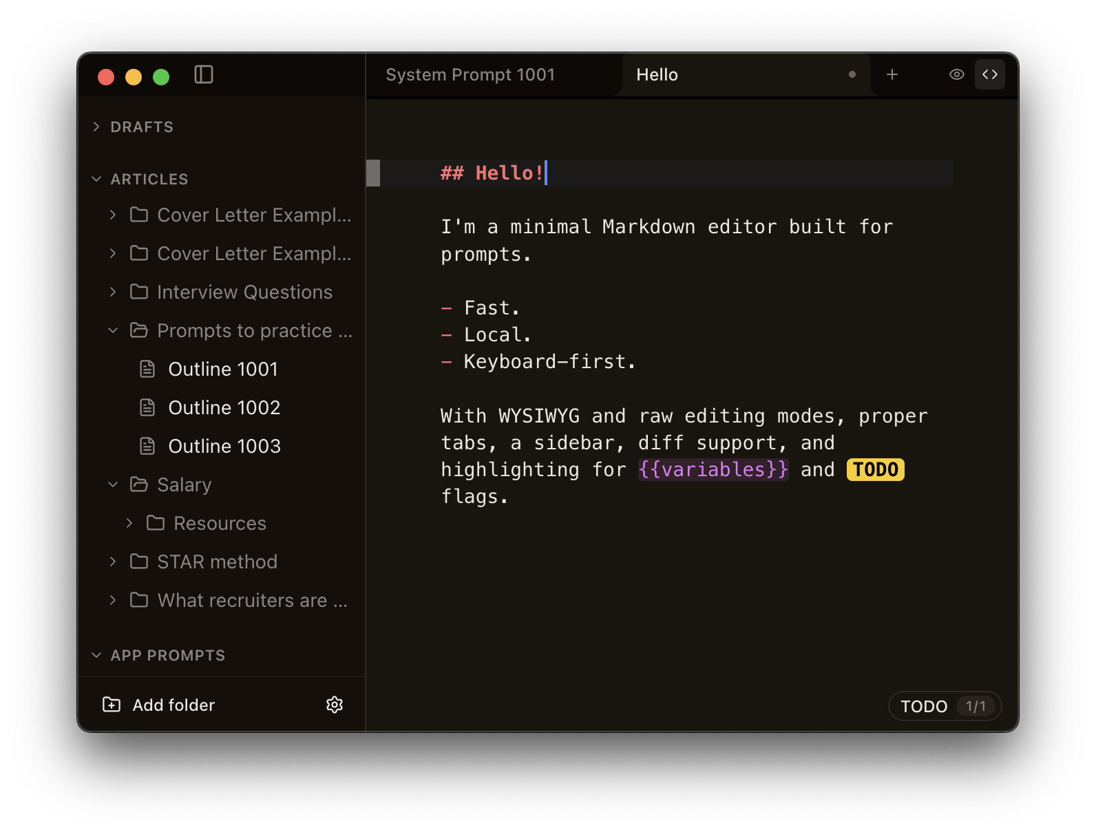 Smarkup with the file sidebar open showing nested folders